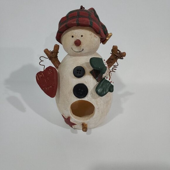 Birdhouse Garden Hummingbird Snowman with Mittens Hearts Red Plaid Hat Resin - Picture 8 of 8